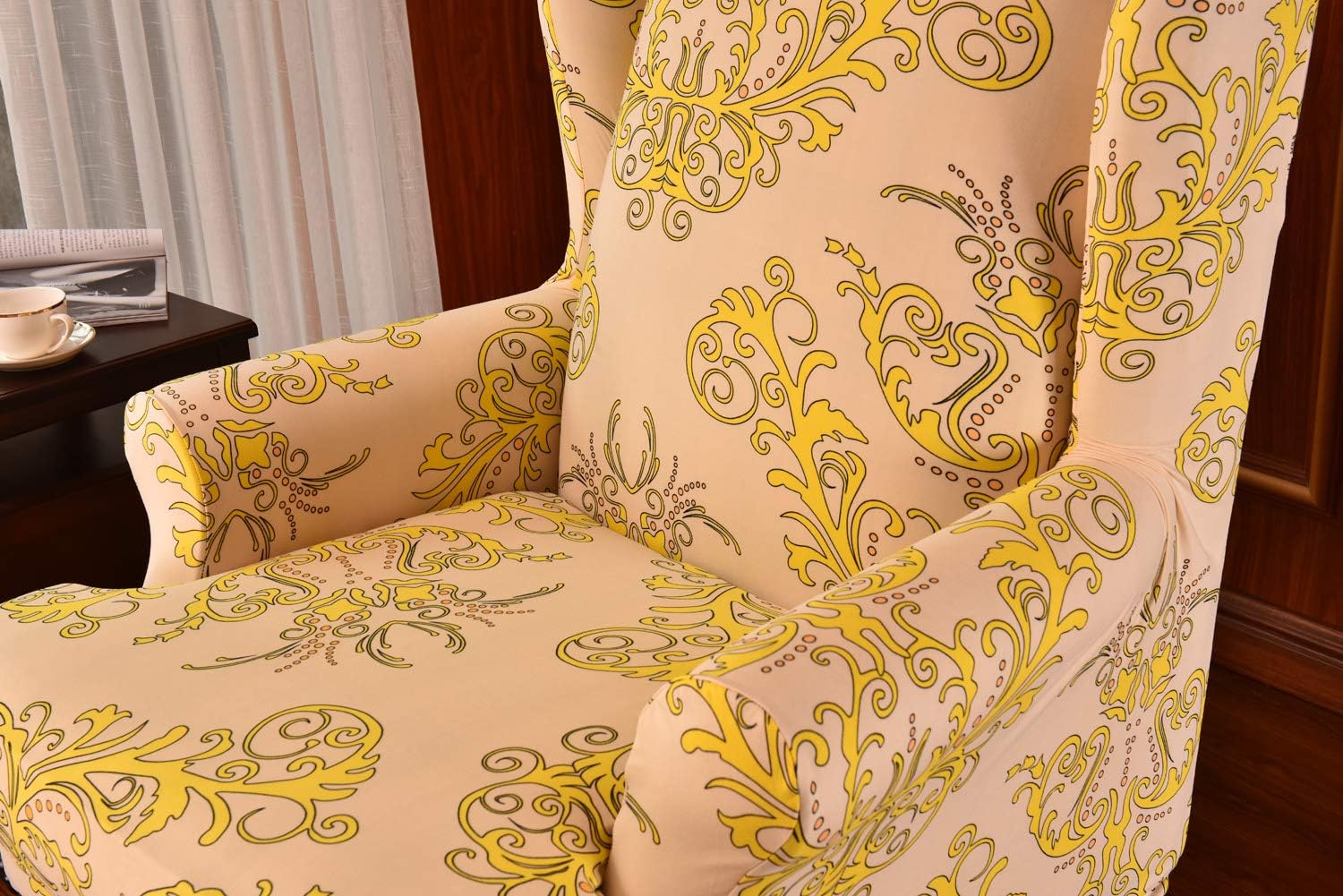 WAQIA Elegant Wing Chair Slipcovers Stretchy Wing Back Armchair Sofa Covers, Floral Printed Slipcovers for Wingback Chair Furniture Protector in Living Room, with A Seat Cushion Cover (Yellow): Home & Kitchen
