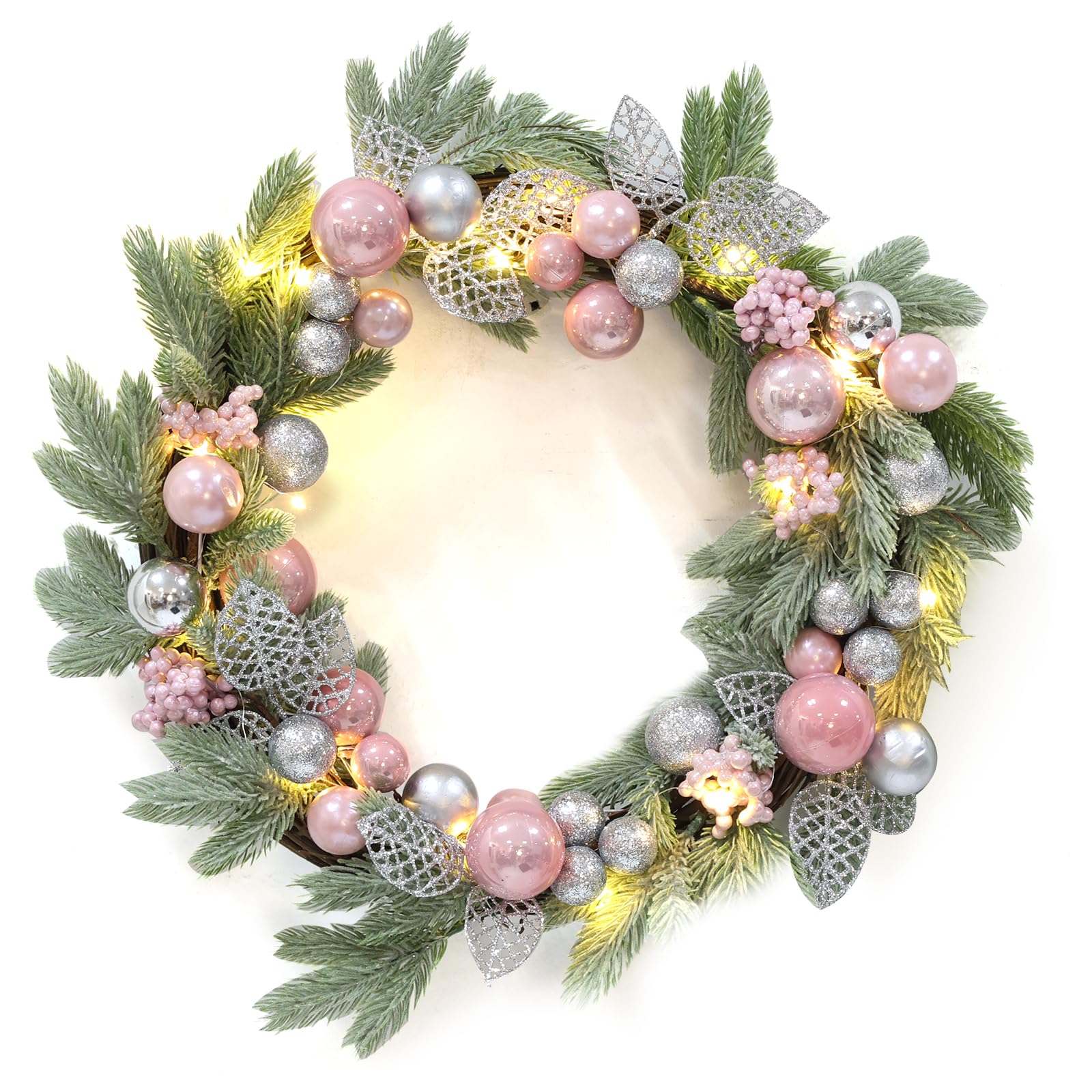 Photo 1 of 18 Inch DIY LED Lighted Christmas Wreath, Flocked Greenery Door Wreath with Pink Silver Ornaments Bows, Battery Powered for Front Door, Indoor Wall Fireplace Mantel Holiday Decor?