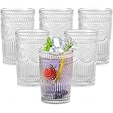 ZMOWIPDL Vintage Glassware Drinking Glasses Set of 6,13 oz Clear Textured Flower Design Glass Water Tumblers,Embossed Striped Drinkware for Water,Cocktails,Juice,Iced Coffee