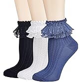 BIVOLU Womens Ankle Socks Lace Ruffle Frilly Cotton Cute Princess Ankle Dress Lace Socks for Girl 3 Pack