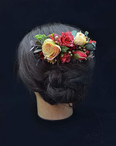 Amazon Com Red Yellow Bridal Headpiece Wedding Hair Comb Floral