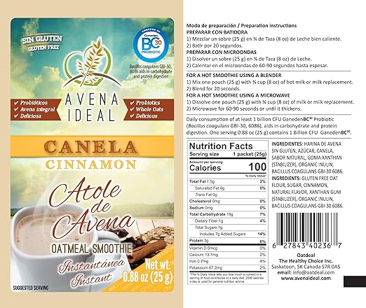 Avena Ideal Oatmeal Smoothie, Cinnamon, Gluten Free Oats, Vegan, 12 count