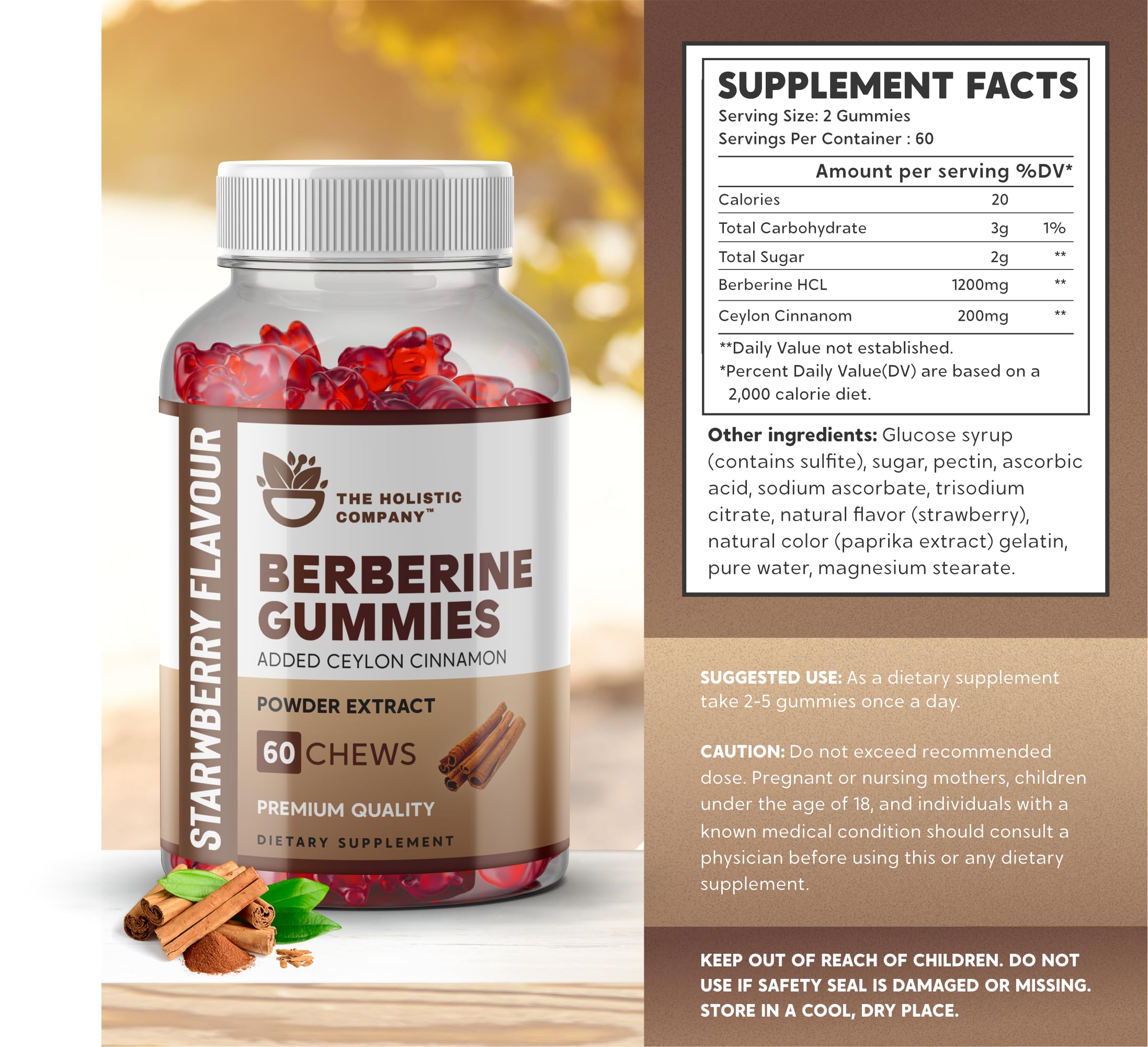 THE HOLISTIC COMPANY Berberine Gummies - Premium Quality High Strength Berberine Gummies with Ceylon Cinnamon, Berberine Supplement HCL 1200MG, 60 Gummies