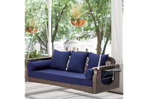Yalissey 3 Seat Wicker Hanging Porch Swing, 60in Patio Swing Bench with Tea Trays & 3 Back Cushions, Swing Chair with Chains for Deck Garden Backyard (Blue)