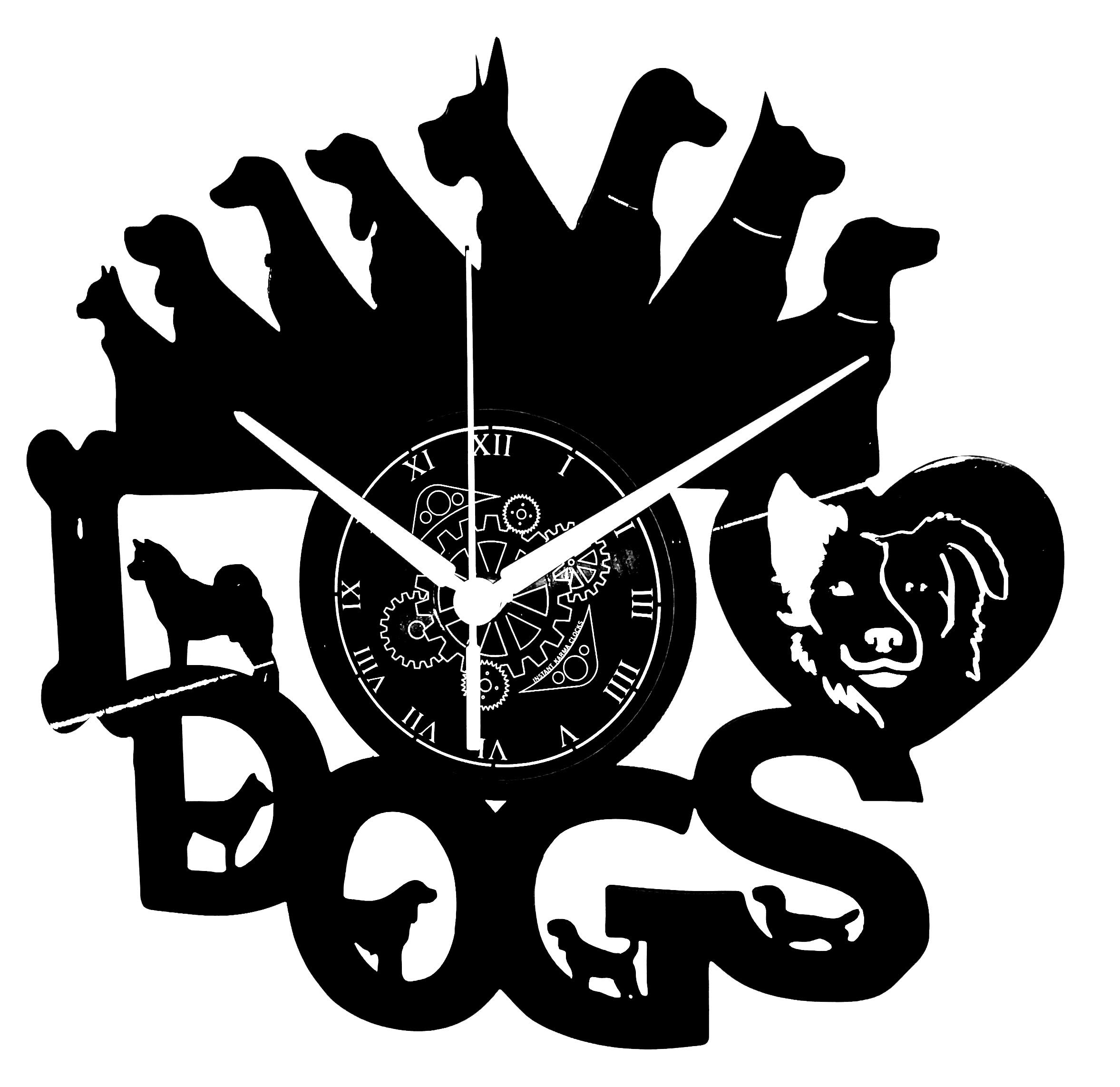 Instant Karma Clocks | Dog Lovers Wall Clock – Black Decorative Clock with Dog Silhouettes and Heart Details – Perfect for Pet Owners, Groomers, Vets, Kennels