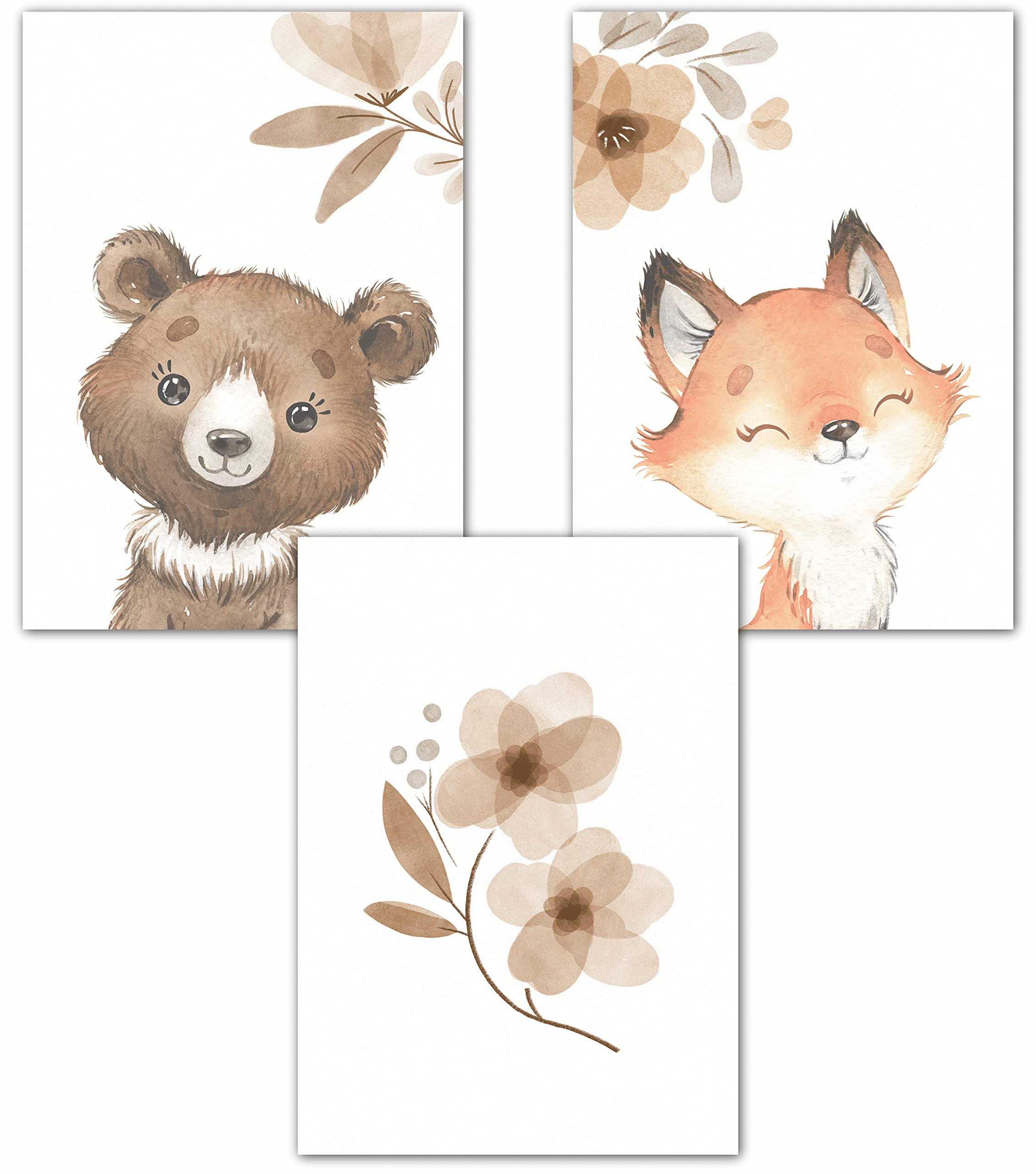 Lemmami Papeterie Set of 3 Boho Decorative Wall Pictures Nursery Baby Room Poster Pictures Girls Boy (Forest Animals Fox Bear)