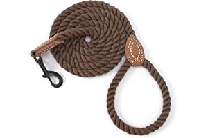 Mile High Life Dog Leash, Braided Cotton Rope Leashes with Leather Tip - Heavy Duty Metal Clasp, 4FT, 1/2" Thick - Wedding, Walking & Training Leash for Small Medium Large Dogs (Dark Brown)
