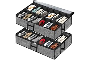 Meerainy Under Bed Shoe Storage Organizer for Closet 2 Pack Fits 28 Pairs Underbed Shoes Container Boxes with Sturdy H-Handles, Foldable Shoe Rack Holder,Black