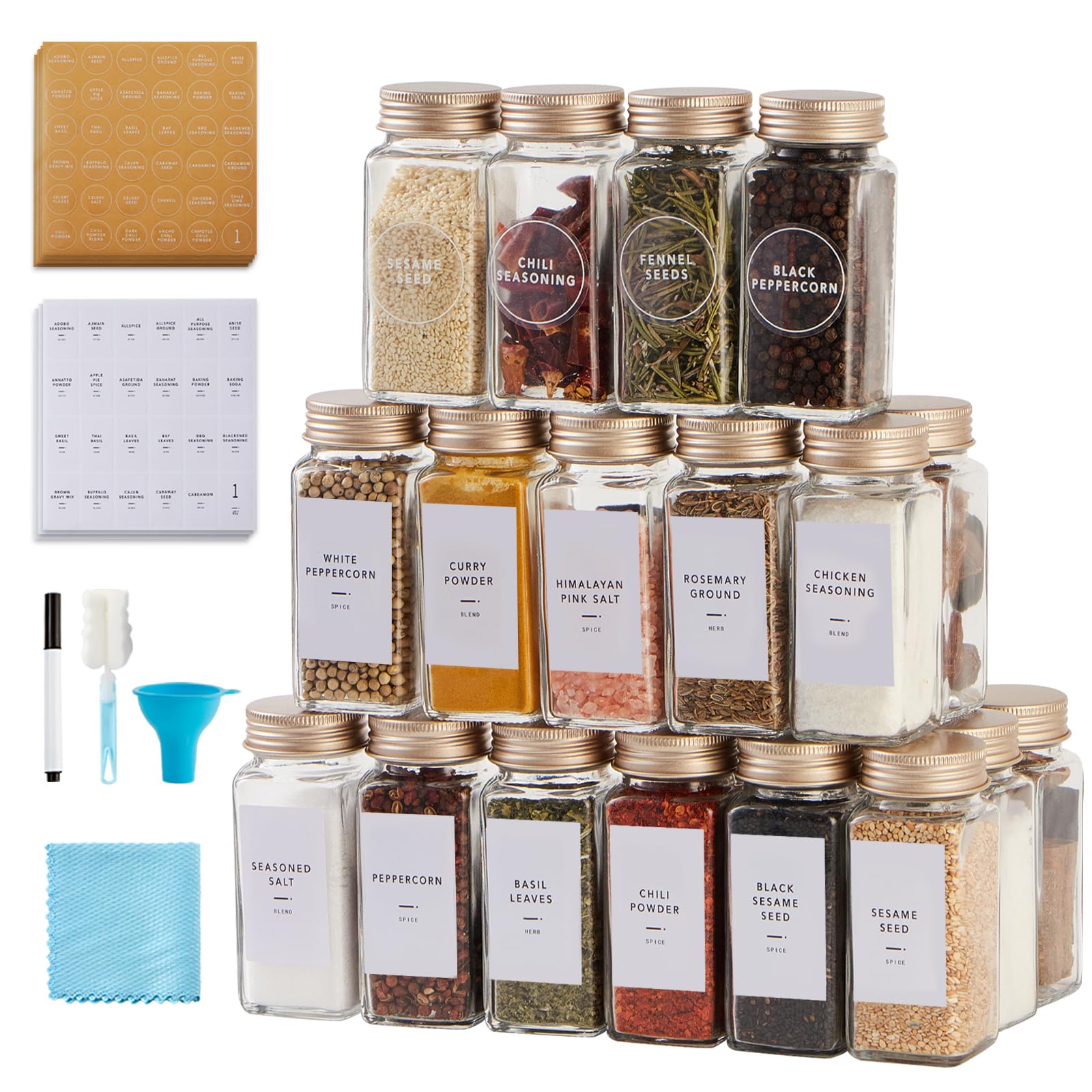 Photo 1 of 36 Pcs Spice Jars with Label- Glass Spice Jars with Gold Metal Caps,Shaker Lids, Funnel, Chalk Pen, Brush,Cleaning Cloth,Skiileor 4oz Seasoning Containers Bottles for Spice Rack, Cabinet, Drawer