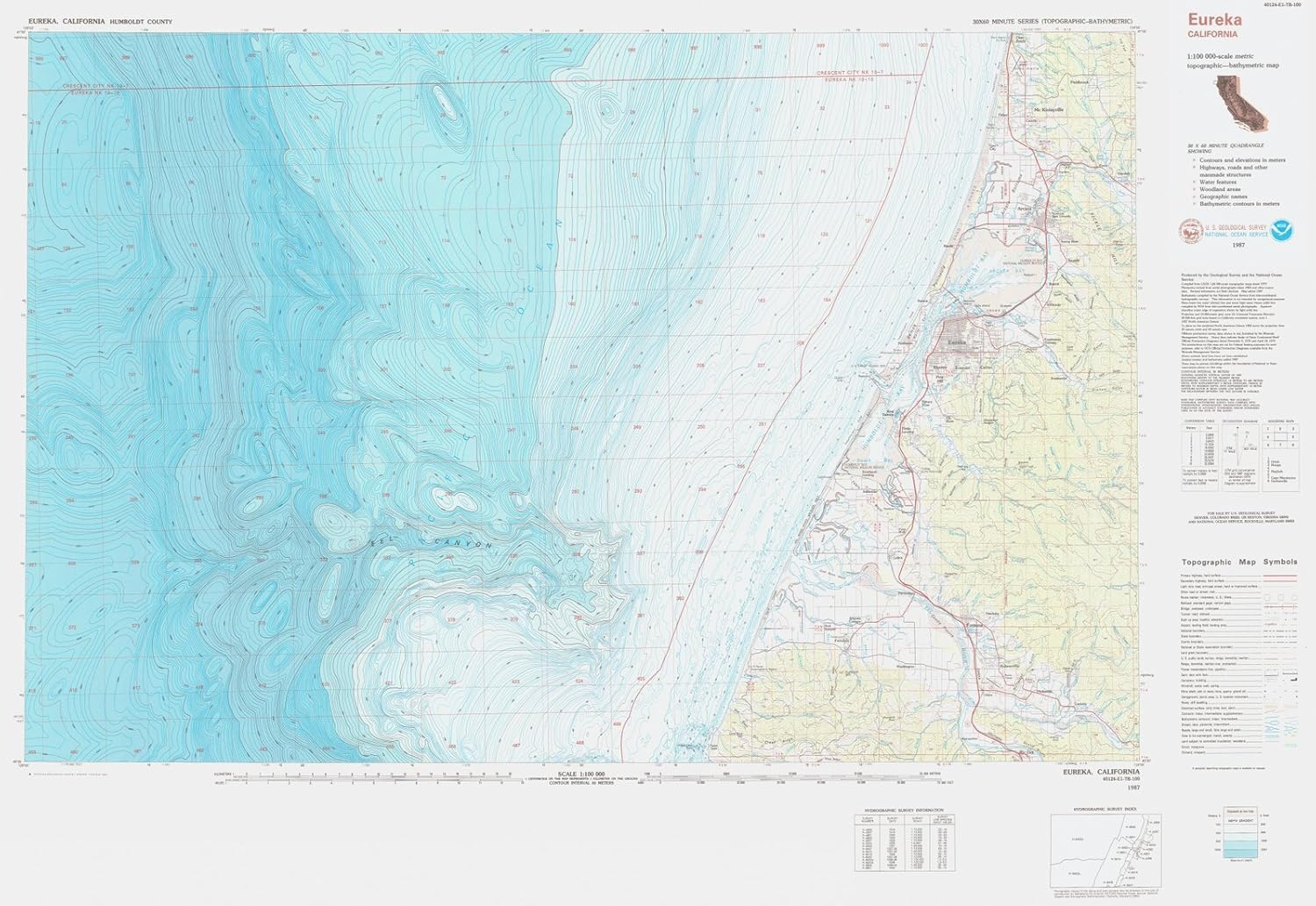 Historic Map | Eureka, CA, 1987 NOAA Topographic Bathymetric Map | Antique Vintage Decor Poster Wall Art Reproduction | 63in x 44in