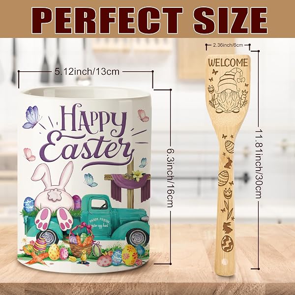 HEXAGRAM 6PC EASTER BAMBOO SPOONS CERAMIC UTENSIL HOLDER WITH SPOONS, BLUE BUNNY TRUCK COOKING TOOLS KITCHEN UTENSILS SET, FARMHOUSE EASTER DAY KITCHEN DECOR