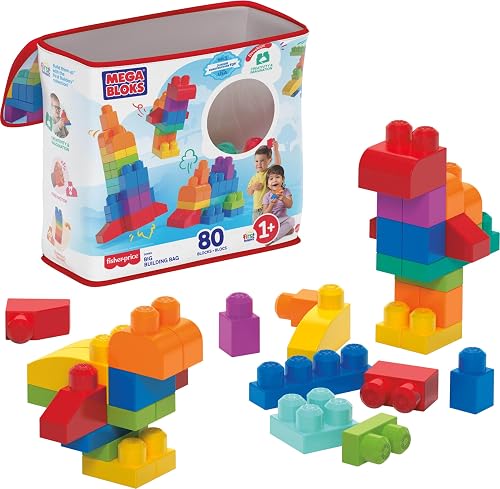 MEGA BLOKS Fisher-Price Toddler Block Toys, Big Building Bag with 80 Pieces and Storage Bag, Blue, Toy Ideas for Kids Age 1+ Years