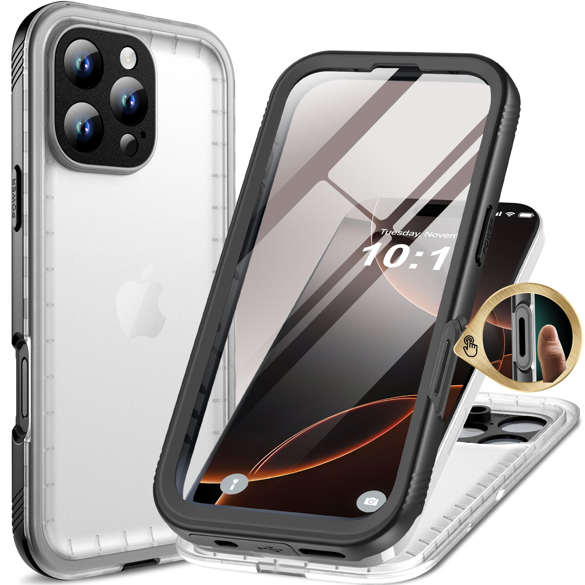 Cozycase TOP Shockproof IP68 Waterproof Case for iPhone 16 Pro Max Heavy Duty 360 Full Body &Screen Camera Protector Front Back Cover Dustproof Hard 16 ProMax Tough Protective Case Black/Frosted Clear