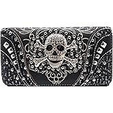 Sugar Skull Day of the Dead Cross Bone Studs Punk Gothic Art Rivet Studded Women Wristlet Trifold Wallet (#2 Black)