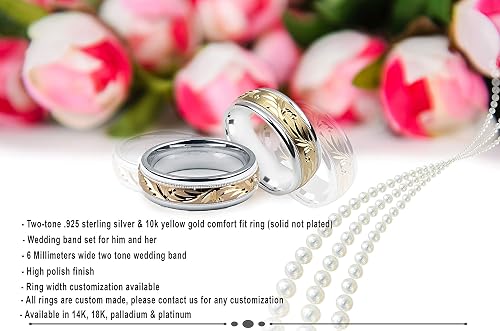 Two Tone Wedding Band Ring - Sterling Silver & 10k Yellow Gold, 6mm Wide, Custom Sizing 4-14