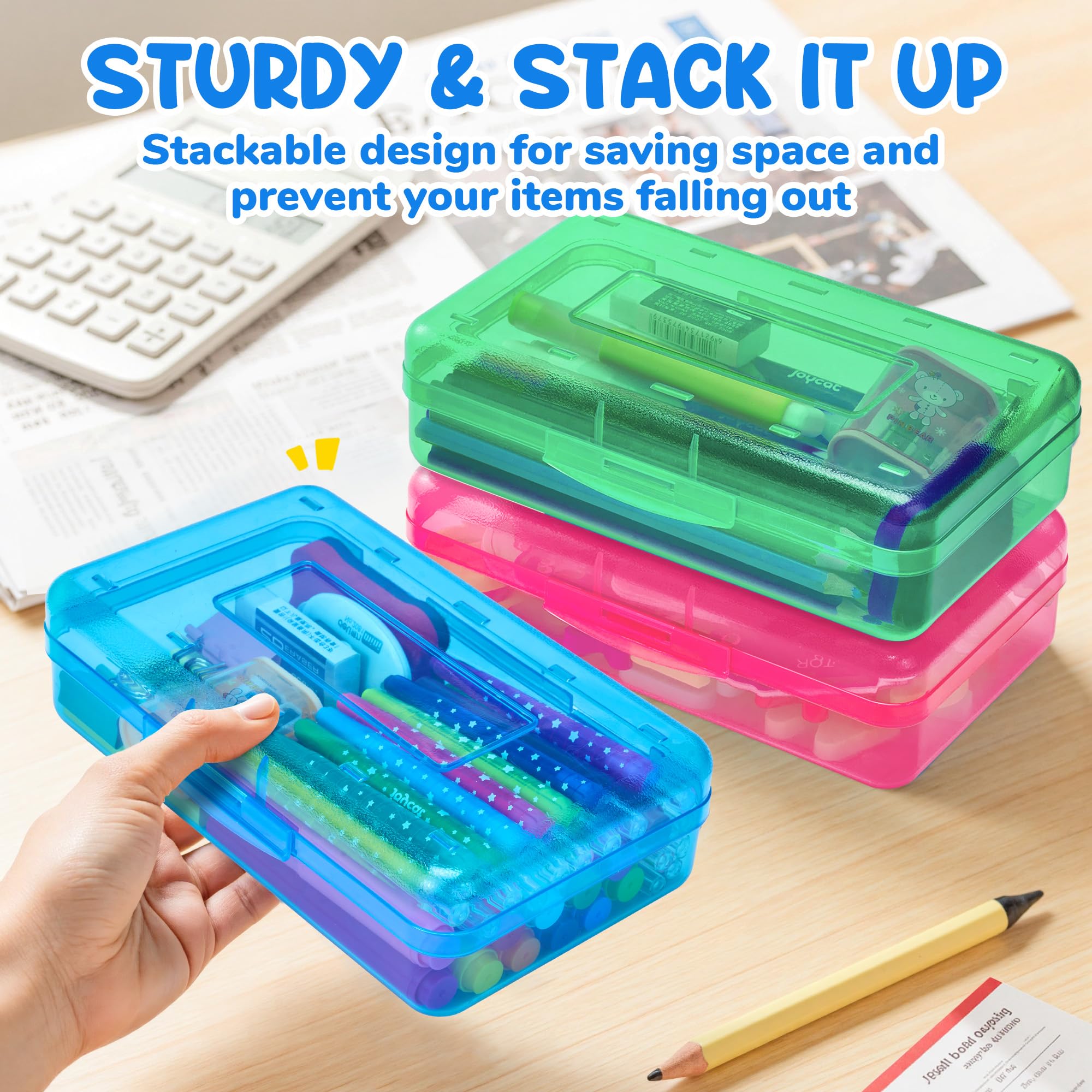 GAMENOTE Plastic Pencil Box with Personalized Sticker,Kids Large Hard Pencil Case with Snap-tight Lid,Clear Crayon Maker Organizer,Small Art Craft Storage Containers,School Supplies Box for Boys,Girls