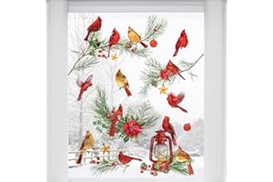 Mfault Winter Cardinals Window Clings 9 Sheets, Christmas Red Birds Glass Stickers Decal Poinsettia Pine Cone Bedroom Decorations, Xmas Kerosene Lamp Tree Branches Home Kitchen Living Room Decor