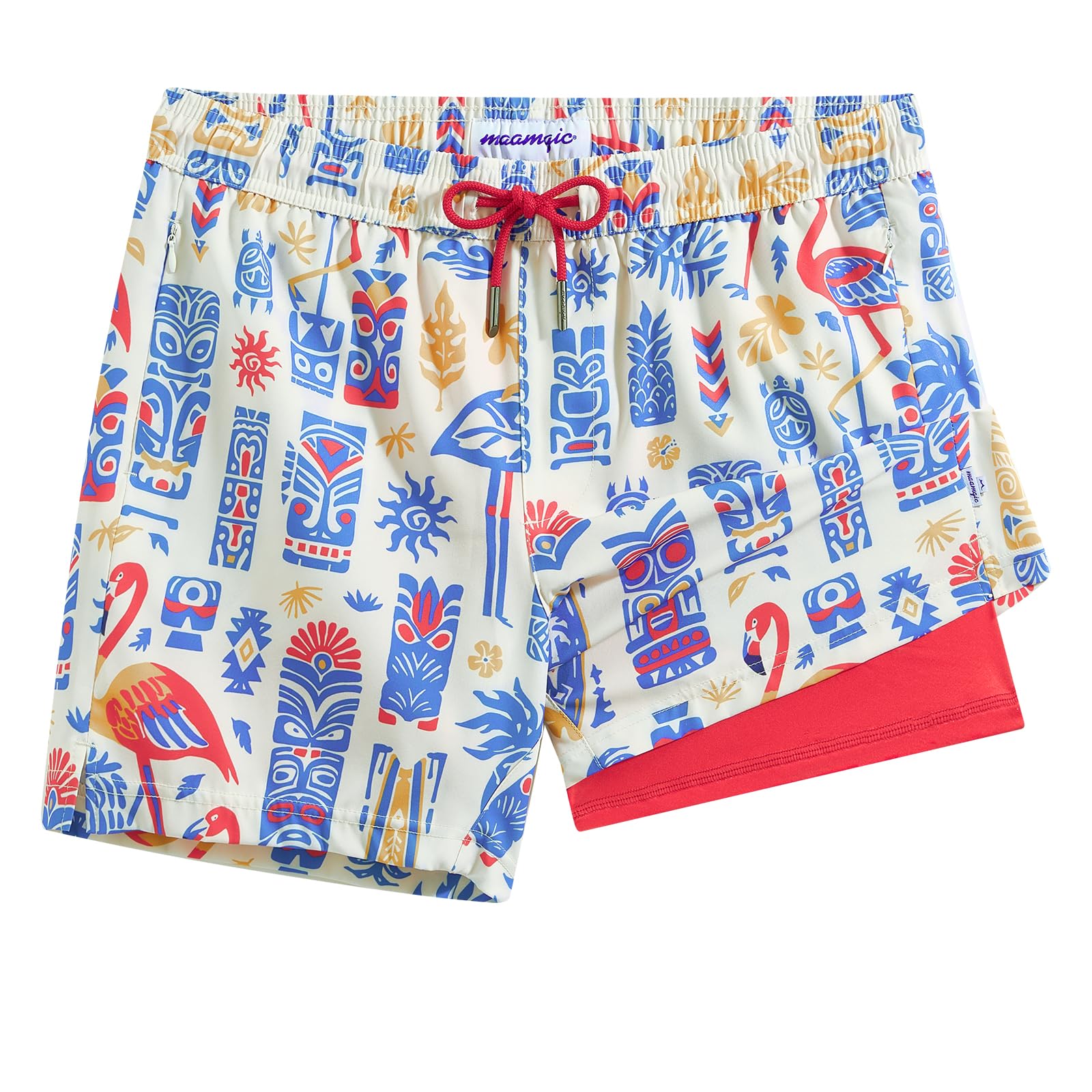 maamgic Mens Swim Trunks with Compression Liner 5 Inch, Quick Dry Bathing Suit with Zipper Pockets, Stretch No-Chafing Swim Shorts, Boro Flame X-Small Image