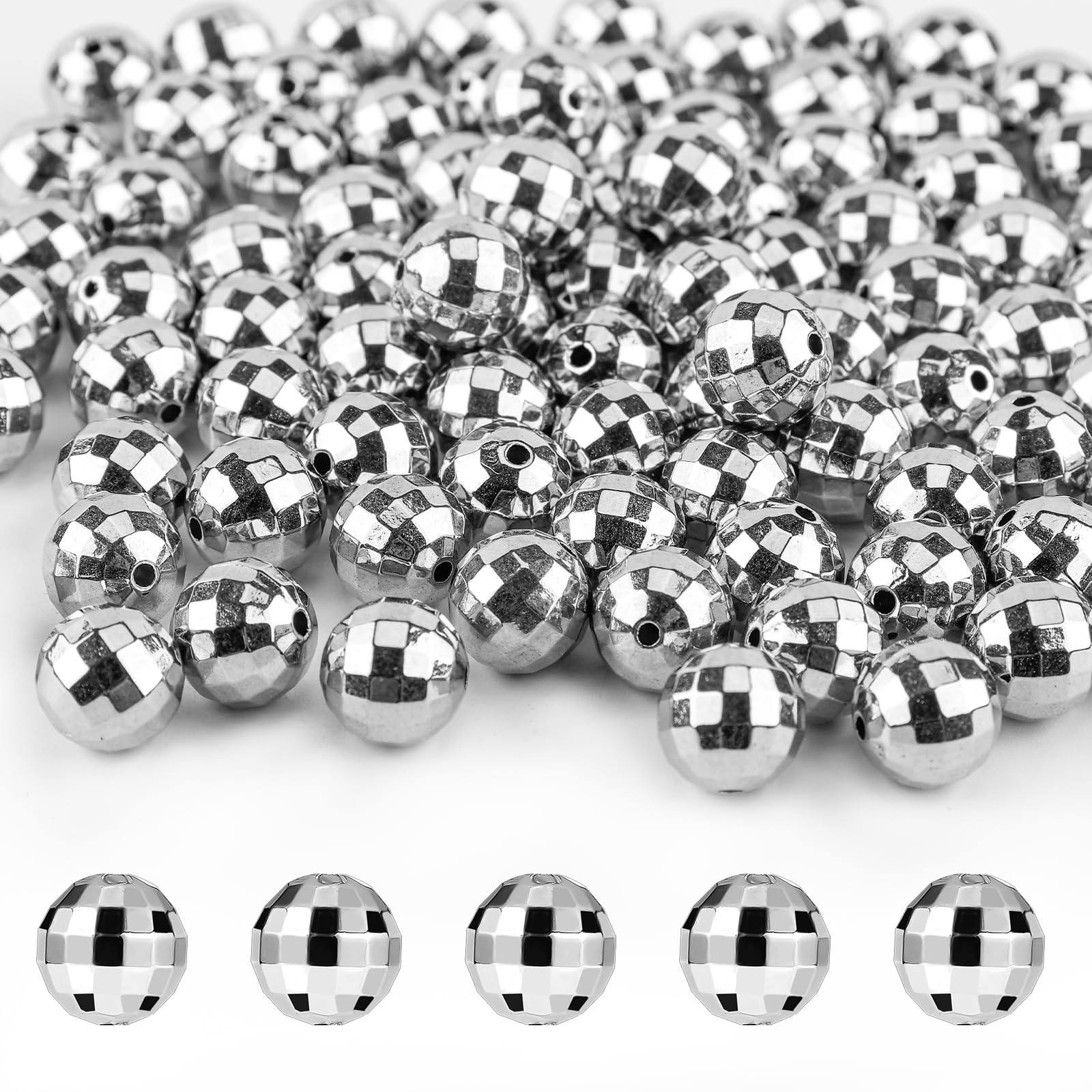 120pcs Mini Disco Ball Beads for Jewelry Making, Reflective Mirror Ball Mirrorball Charms Disco Ball Beads for Bracelets DIY Necklace 70s 80s Costume Accessories Party Favors Crafts (Silver)
