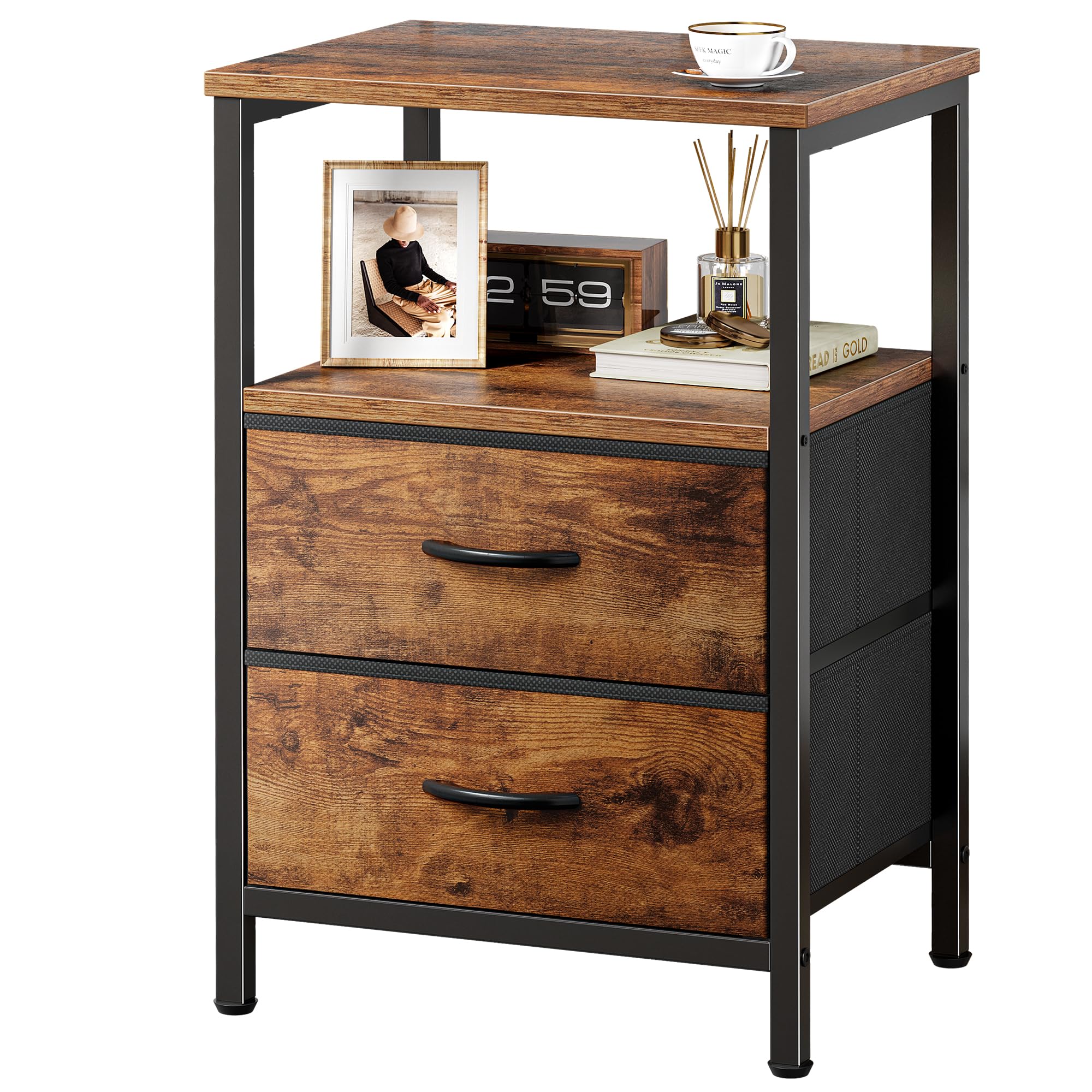 Huuger Night Stand with 2 Drawers, Bed Side Table with Open Shelf, Wooden Top, Nightstand for Bedroom, End Table for Small Space, Fabric Drawer, Rustic Brown