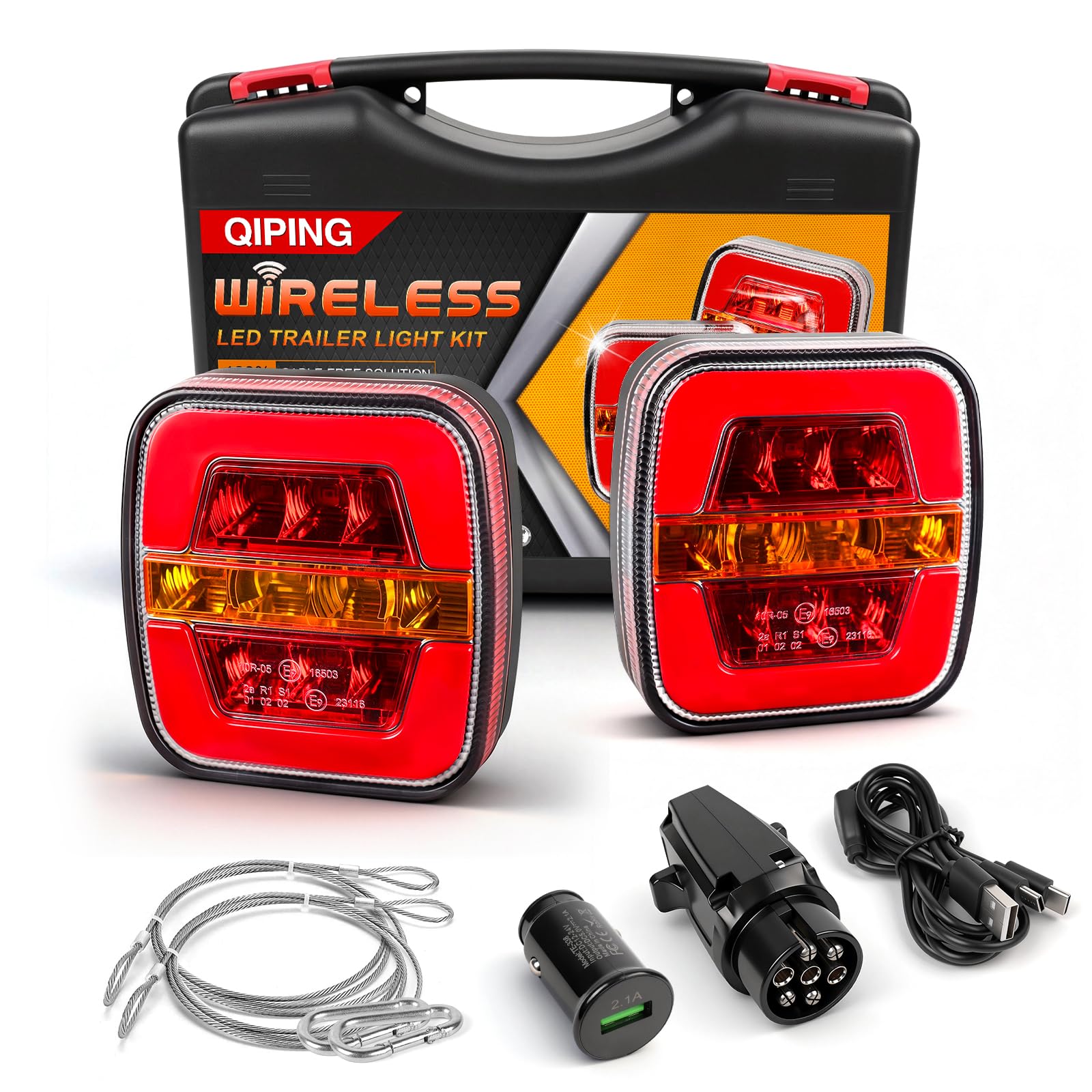 Qiping Wireless Magnetic Rear Trailer Lights, 12V Rechargeable LED Towing Tail light - IP67 Waterproof E-mark E9, ECE E9 R10-05 Wireless led lights for Lorry, Caravan, Truck