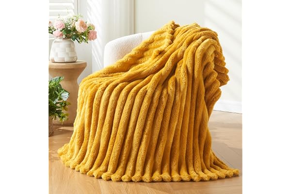 NEWCOSPLAY Super Soft Throw Blanket Mustard Yellow Premium Silky Flannel Fleece 3D Ribbed Jacquard Lightweight Bed Blanket Al