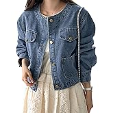 Omoone Women's Denim Jacket Long Sleeve Crop Button Down Collarless Jean Jacket Coat with Pockets