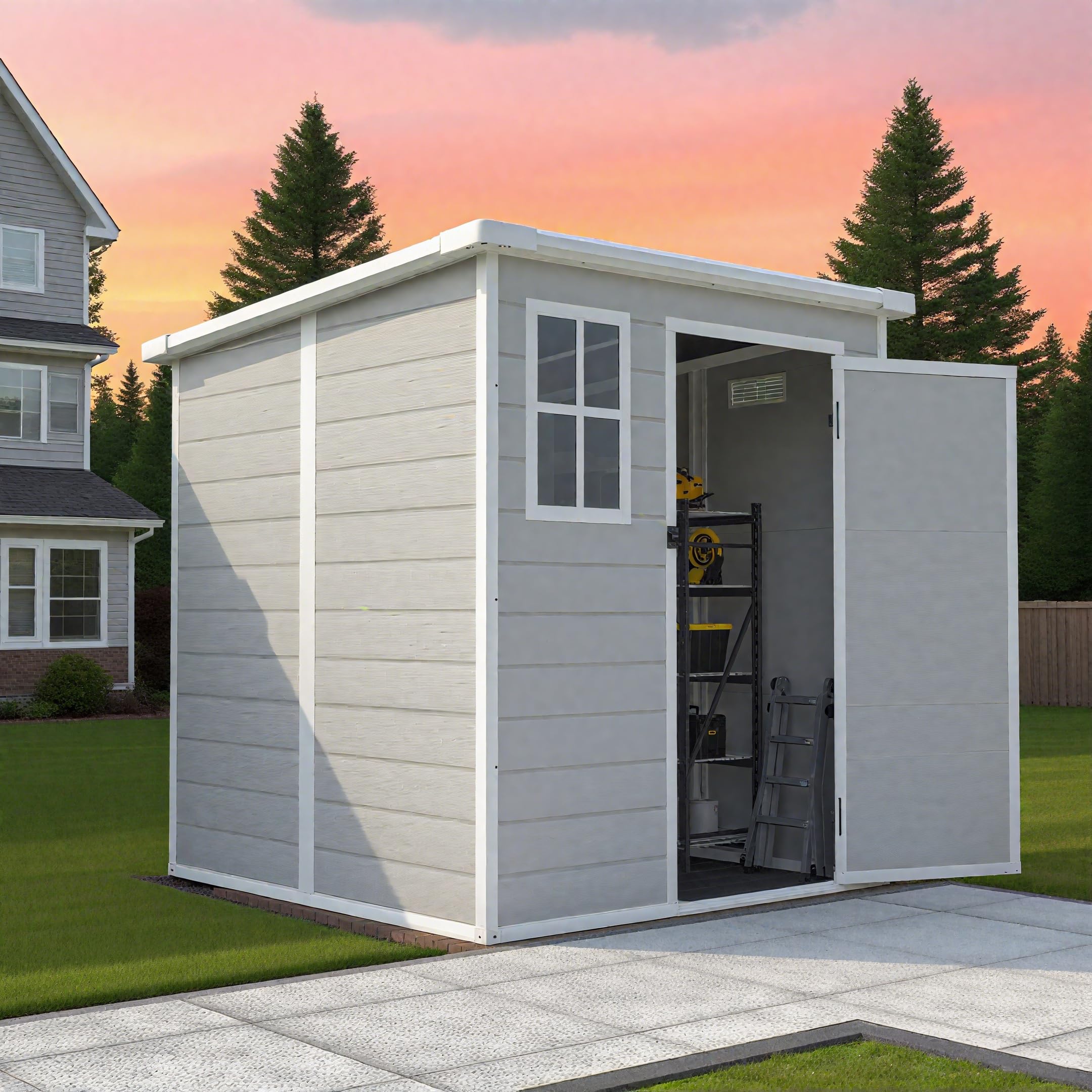 Photo 1 of 6x6 FT Outdoor Storage Resin Shed with Floor, Plastic Garden Tool Shed with Sloped Roof, Lockable Door & Windows, Easy to Assemble Bike Shed for Lawn, Backyard, Patio, White
BOX 1/2