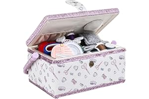 COMFECTO Large Wooden Sewing Basket with Accessories and Removable Tray Pincushion, Sewing Box Storage Organizer for Beginner and Professional, White Purple