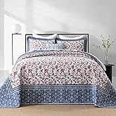 FineStichery Oversized King Bedspreads 128"x120" - 100% Cotton California King Quilt, Vintage Floral Pattern, Extra Large Lightweight Reversible Quilted Bedspread Coverlet, 3 Pcs, Blue/Red