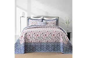 FineStichery Oversized King Bedspreads 128"x120" - 100% Cotton California King Quilt, Vintage Floral Pattern, Extra Large Lightweight Reversible Quilted Bedspread Coverlet, 3 Pcs, Blue/Red