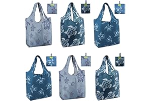 BeeGreen 6 Packs Sea Turtle Reusable Grocery Bags for Shopping X-Large Durbale Animal Print Foldable CuteTote Bags for Women 
