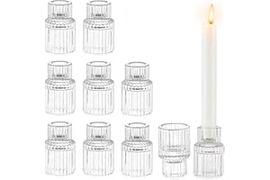 Glasseam Small Candle Stick Holder: Crystal Clear Glass Candle Holder Set of 10, Modern Taper Candle Holders for Table Centerpiece, Ribbed Tapered Candlestick Holders for Dining Room Decoration
