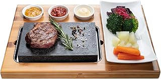 Beefstone Lavastein Steak-Brett Hot Stone Steingrill Set aus Bambusbrett Lavastone und Prozellan-Platte inkl. Saucen-Schälchen, Fettfrei und ölfrei: Steak, Fleisch, Fisch grillen auf heißem Stein