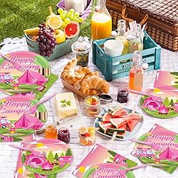 OBUSATT 100 Pcs Pink Camping Party Supplies Paper