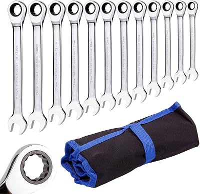 Qnkaa Ratchet Spanner Set 12 Pc Metric 8-19mm Roll-Up Pouch