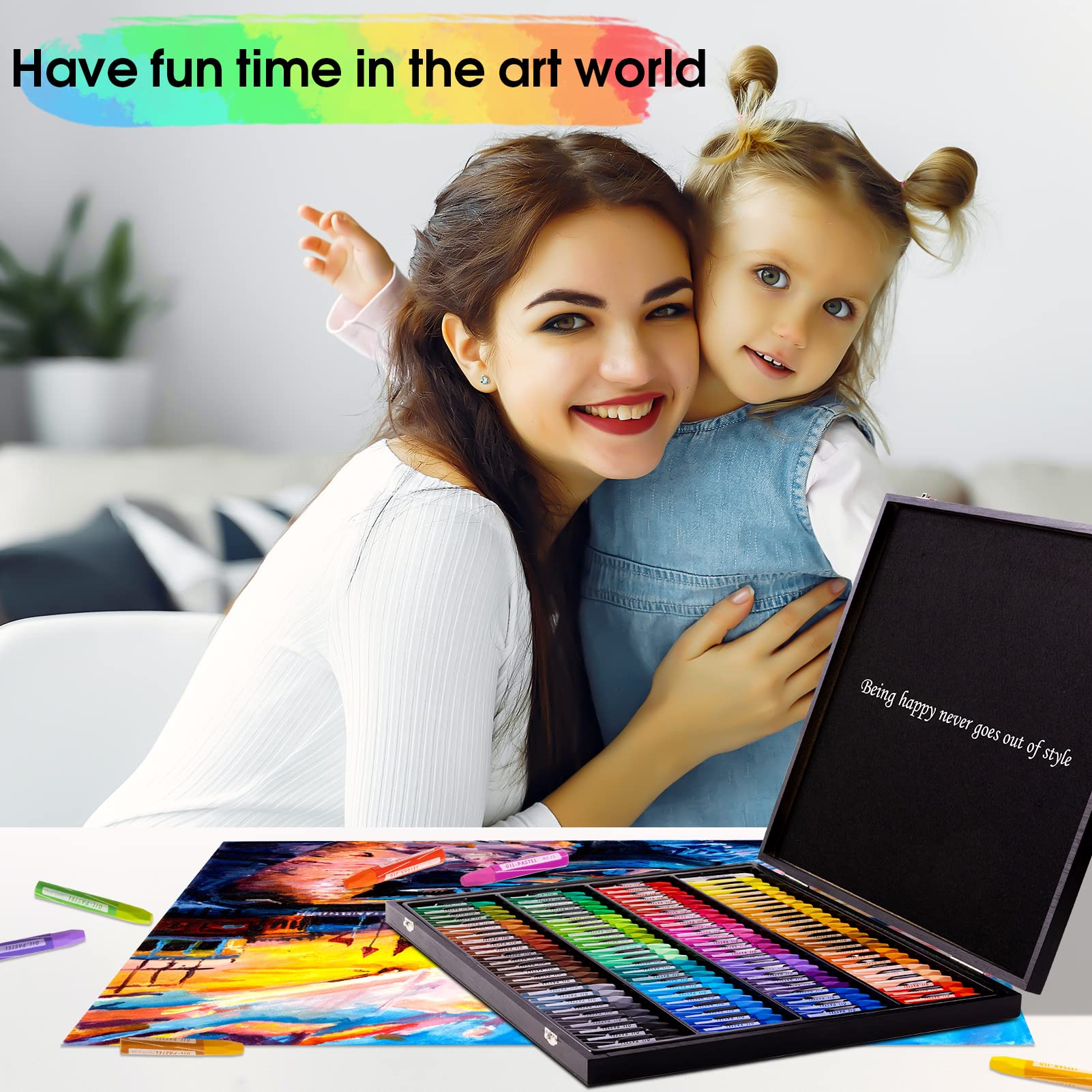 Oil Pastels, 100 Pieces Deluxe Wooden Pastels Art Supplies Set with Blessing, 3-Color Sketch Pad Included, Creative Gift Box for Kids Artists Adults Beginners - Being Happy Never Goes Out of Style