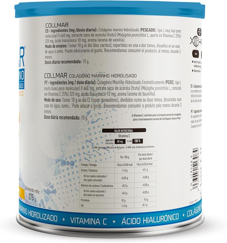 COLLMAR Colagénio Marinho Hidrolisado com Ácido Hialurónico, Vitamina C | Sem adoçantes | Assimilação máxima 9.660 mg/dia | 275g de pó | Sabor a baunilha