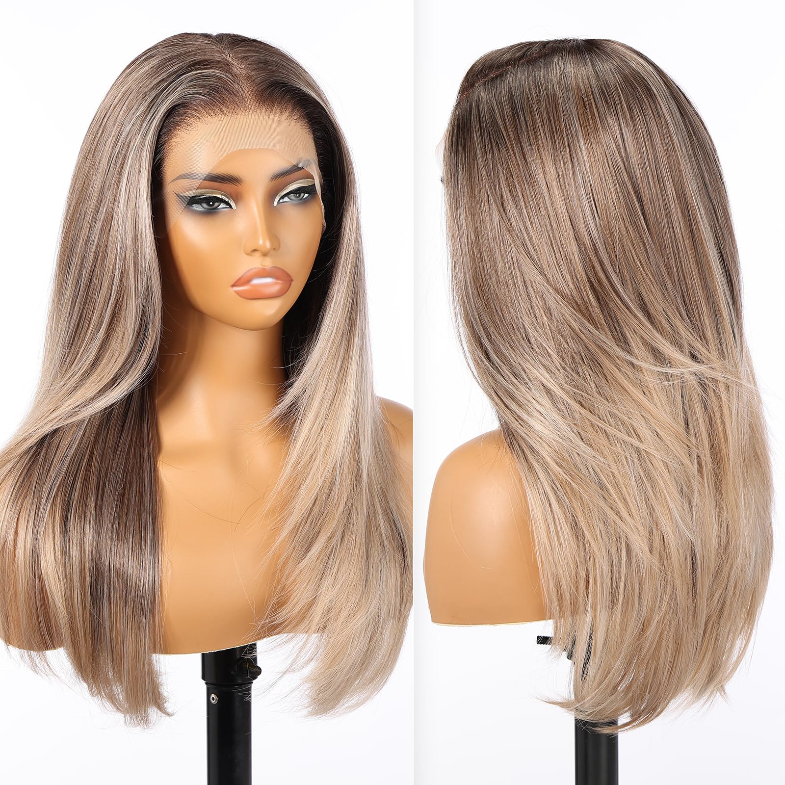 Photo 1 of KOME Ombre Ash Blonde Synthetic Lace Front Wig, 13X6 Long Straight Layered Glueless Wigs for Women Daily Use 22IN(#TT4/6164)