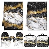 Sratte 6 Pcs Farmhouse Marble Kitchen Towels Pot Holders Oven Mitts Set 2 Dish Towels 2 Potholders 2 Cooking Mittens Oven Glove for Cooking Baking Grilling Supply (Black, Gold)