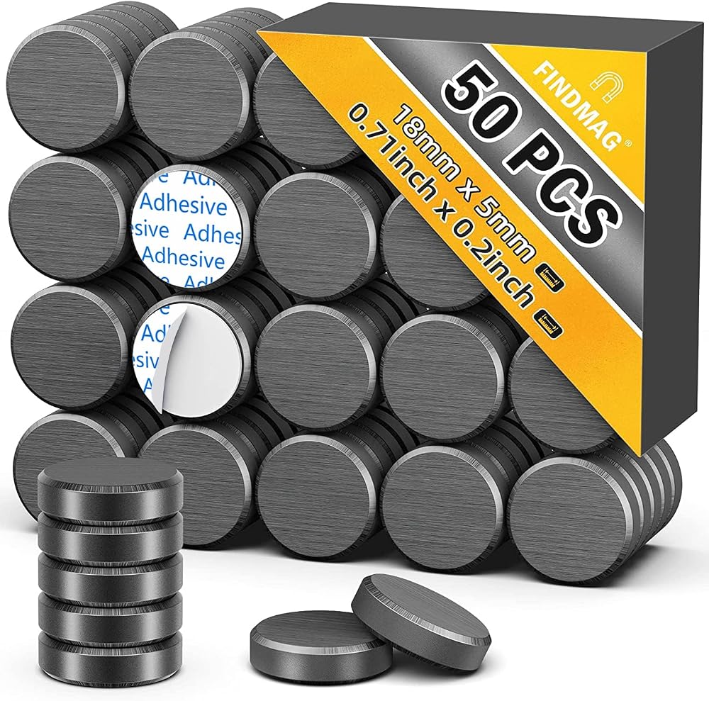 FINDMAG 50 Pack Fridge Magnets 18 mm x 5 mm Ceramic Disc with Adhesive Backing