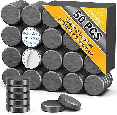 FINDMAG 50 Pack Fridge Magnets 18 mm x 5 mm Ceramic Disc with Adhesive Backing