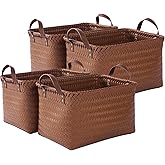 VZFXRD 15x10x9 Woven Laundry Basket Hamper, Storage Basket for Clothes Blankets, 4-Pack Wicker Bin for Closet Shelves Bedroom Bathroom, Brown