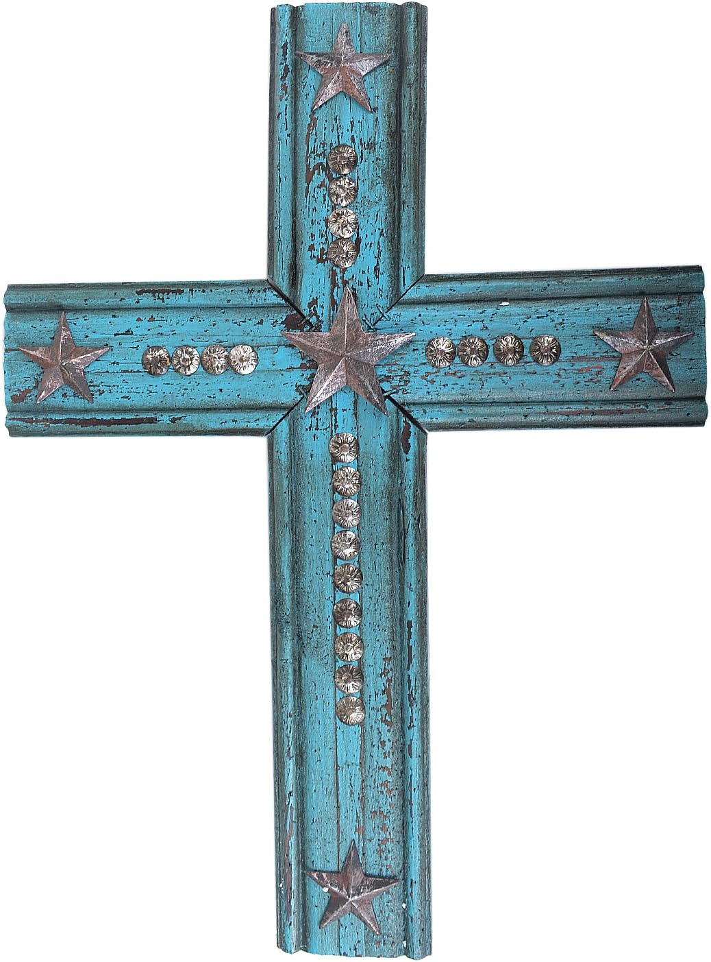 20" Western Large Turquoise Wood Wall Cross Rusty Fade Away Paint Texas Lone Star