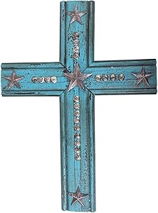 20" Western Large Turquoise Wood Wall Cross Rusty Fade Away Paint Texas Lone Star