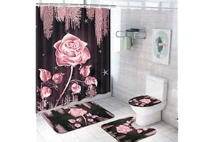 Alishomtll 4 Pcs Pink Shower Curtain Sets with Non-Slip Rug, Toilet Lid Cover and Bath Mat, Shiny Rose Gold Shower Curtain with 12 Hooks, Black Pink Rose Bathroom Sets with Shower Curtain and Rugs