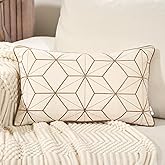 Aeckself 12 x 20 Inch White Gold Plaid Geometric Lines Embroidery Velvet Cushion Case Luxury Modern Rectangle Throw Pillow Cover Decorative Pillow for Couch Living Room Bedroom Car