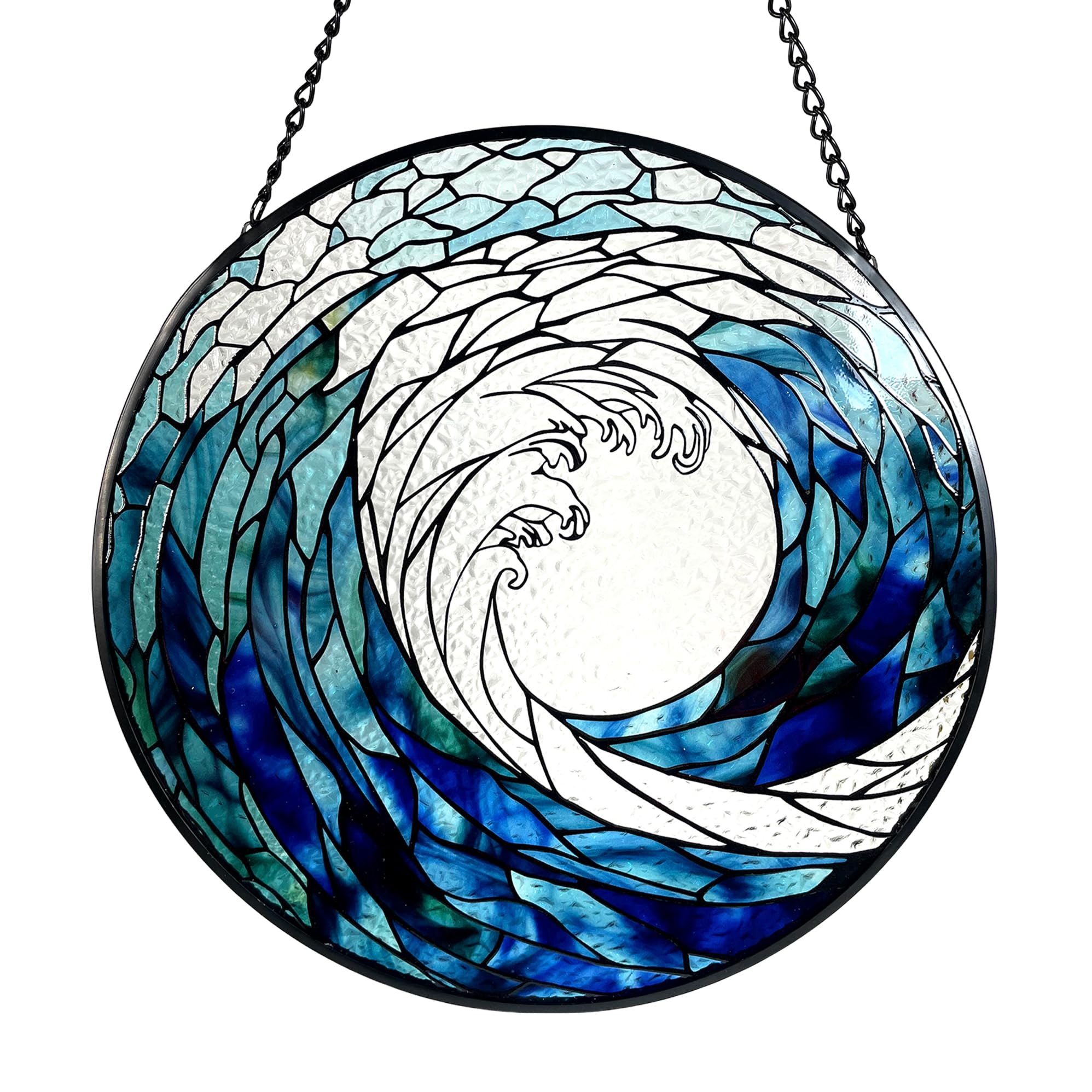 Photo 1 of Ocean Waves Stained Glass Suncatcher, Handmade Window Hanging Wall Art with Chain, Real Glass Coastal Home Decor, Unique Sun Catcher Gift for Women, Christmas, 7.8
