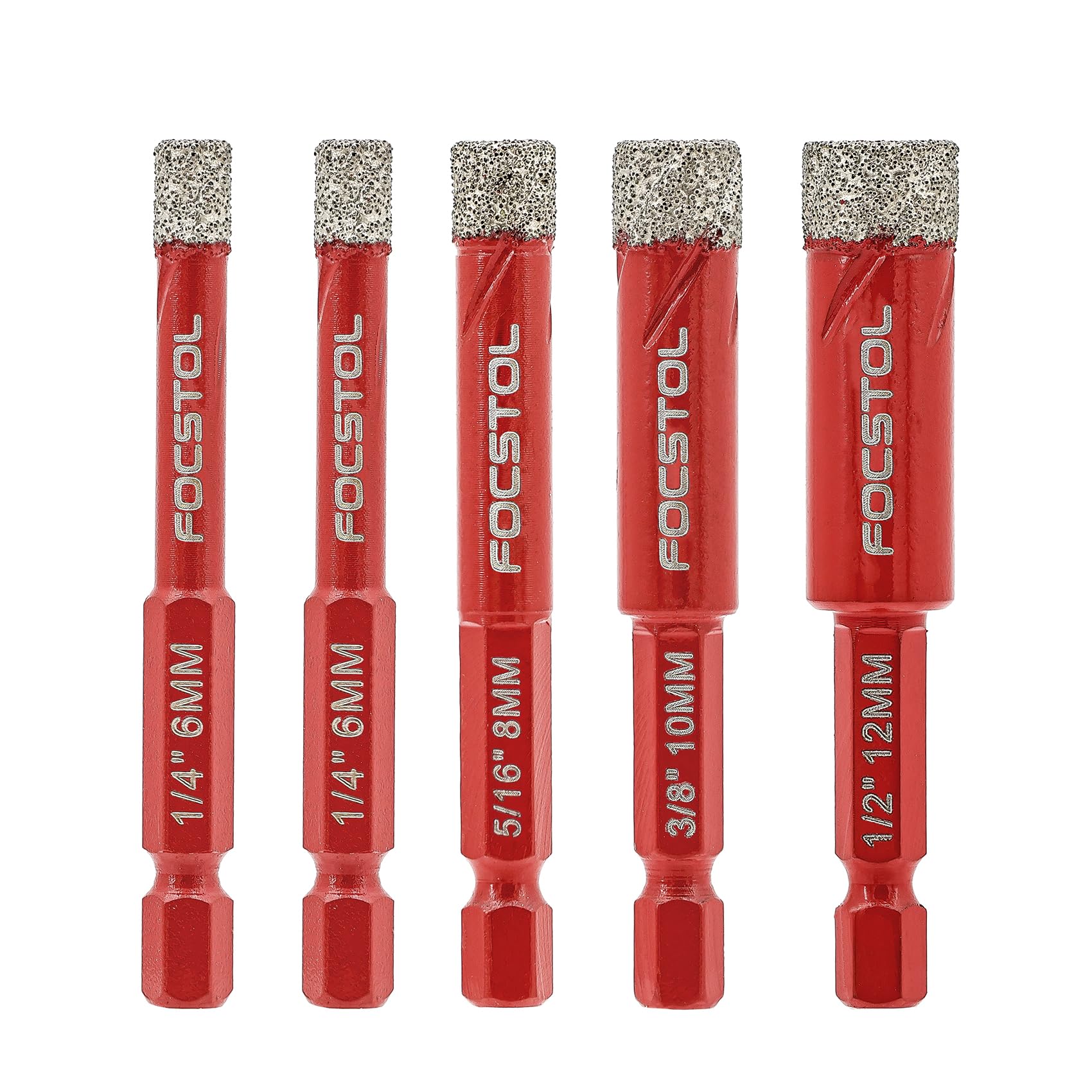 Dry Diamond Drill Bits Set - FOCSTOL 5pcs 6/6/8/10/12mm Diamond Hole Saw Kit with Quick Change Hex Shank for Ceramic Porcelain Tile Marble Granite Quartz