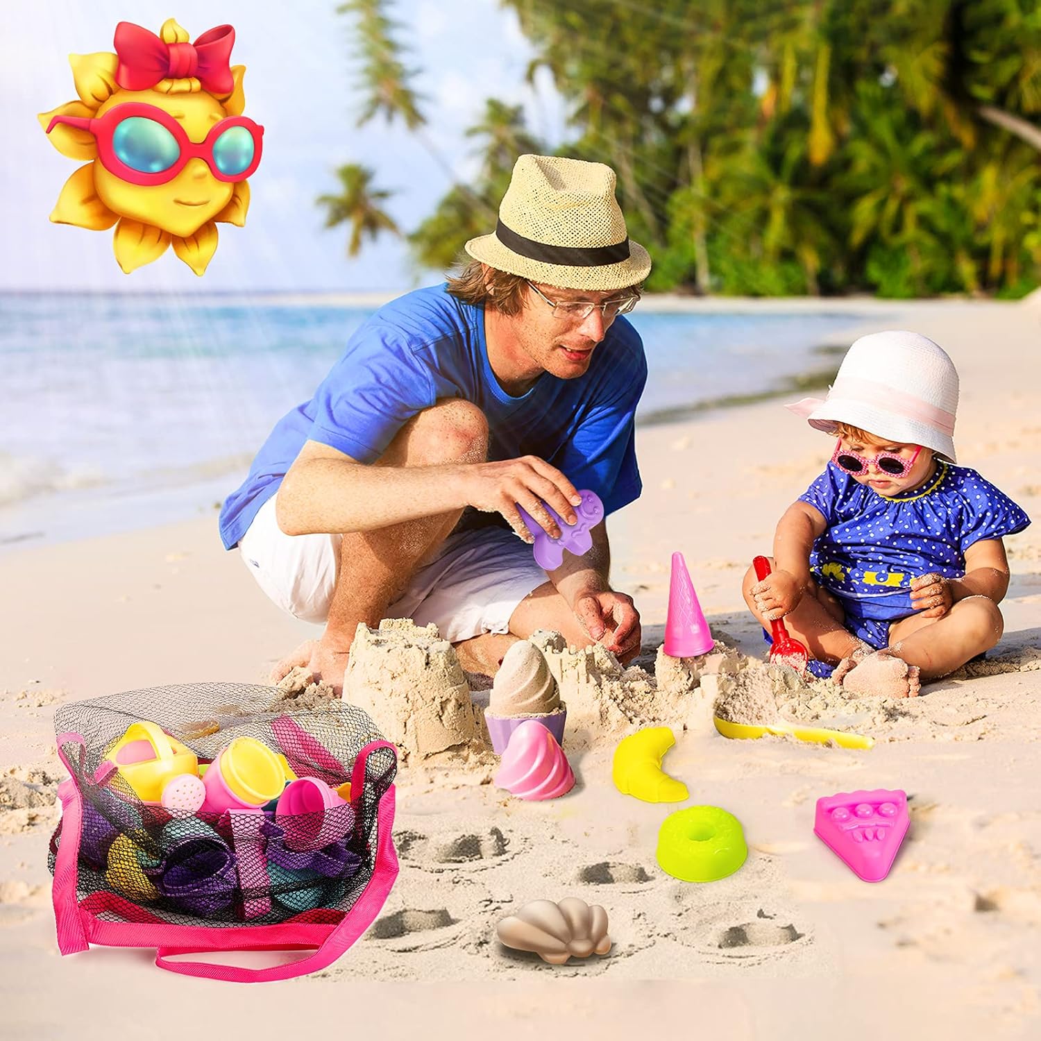 RCSPACEX 24 Pcs Beach Sand Toys, Sandbox Pool Bath Toys for Kids Toddlers with Large 9’’ Bucket, Ice Cream Cupcake Mold, Mesh Bag, Watering Can (Random Color): Toys & Games